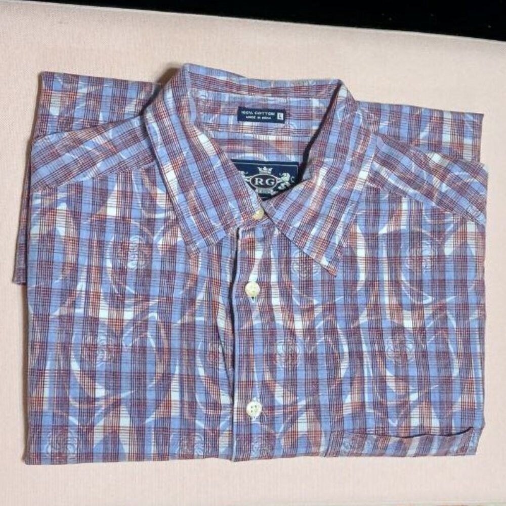 R&G Men’s Plaid Shirt L 100% Cotton Short Sleeve - Picture 11 of 11
